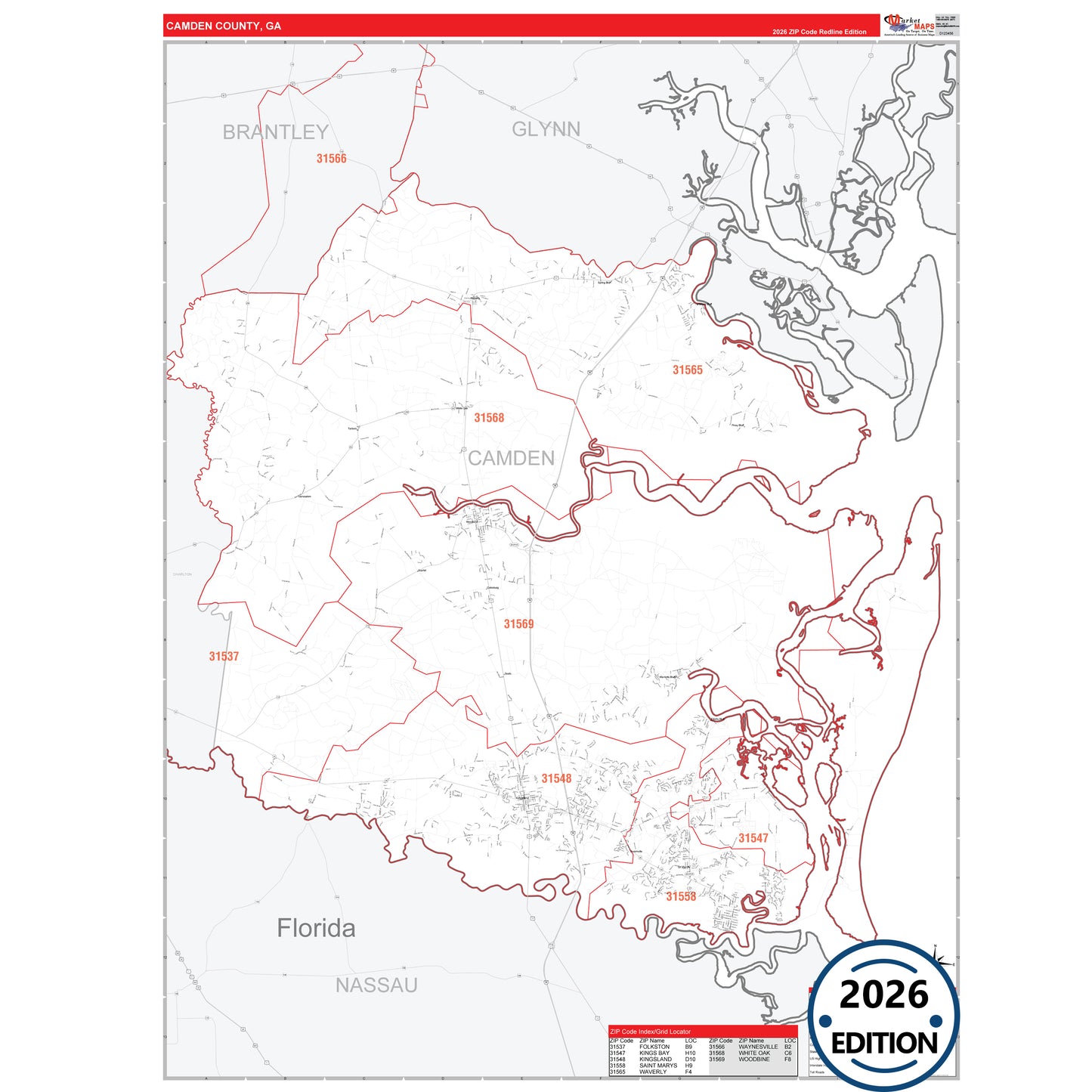 Camden County, GA Red Line 5 Digit ZIP Code Wall Map