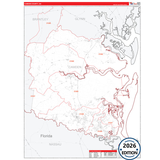 Camden County, GA Red Line 5 Digit ZIP Code Wall Map