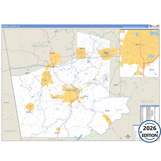 Carroll County, GA Business Reference 5 Digit ZIP Code Wall Map