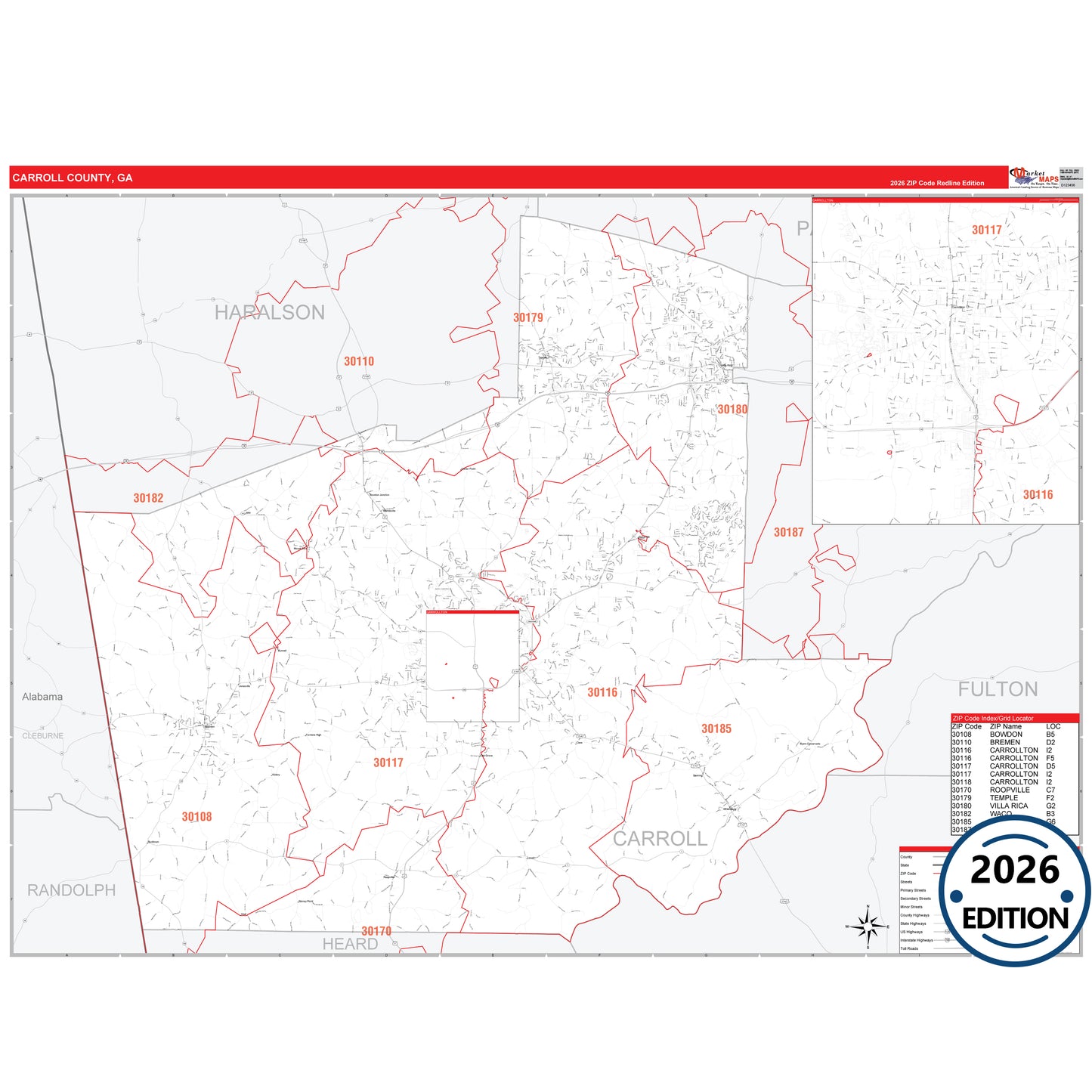 Carroll County, GA Red Line 5 Digit ZIP Code Wall Map