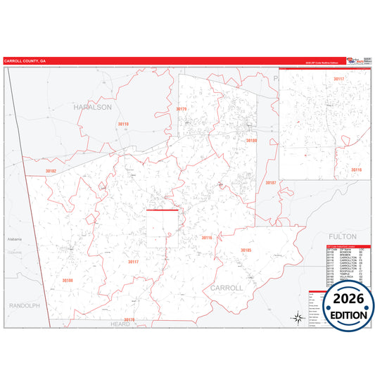 Carroll County, GA Red Line 5 Digit ZIP Code Wall Map