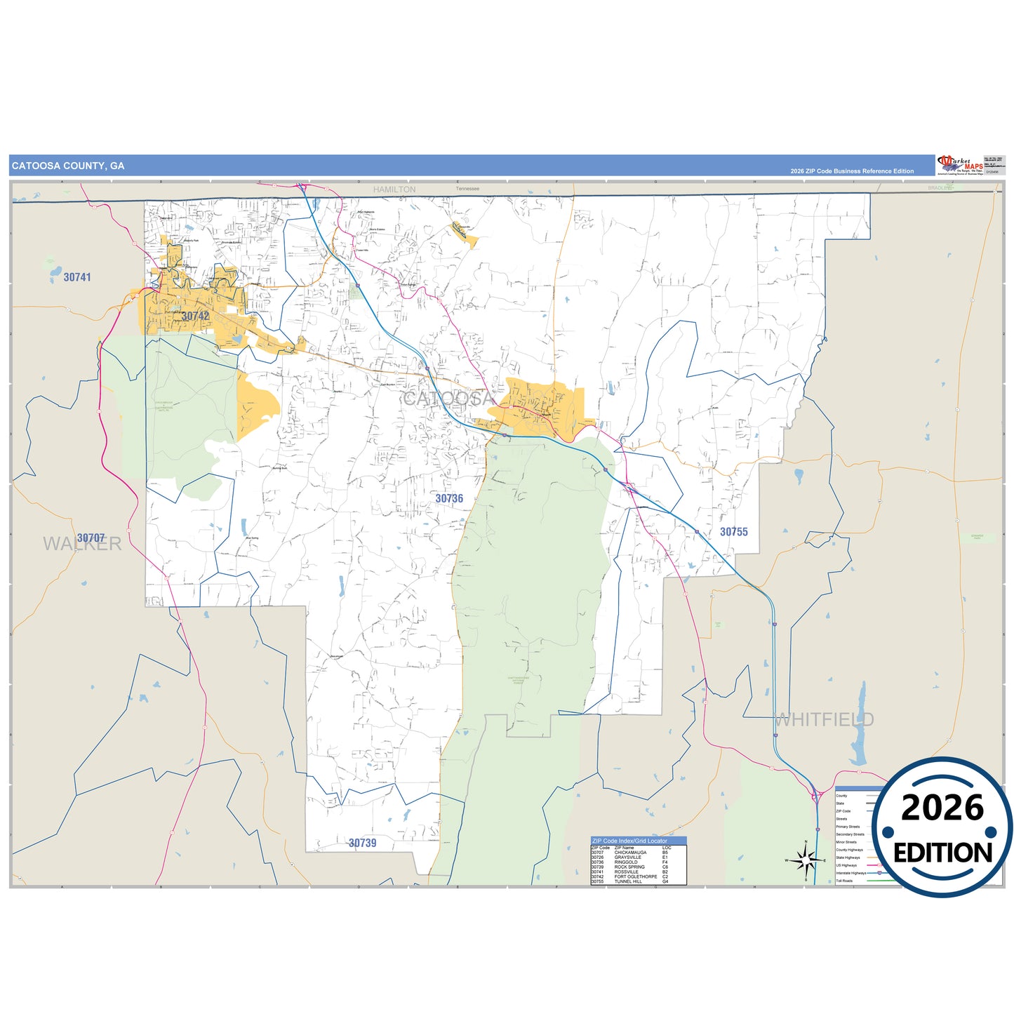 Catoosa County, GA Business Reference 5 Digit ZIP Code Wall Map
