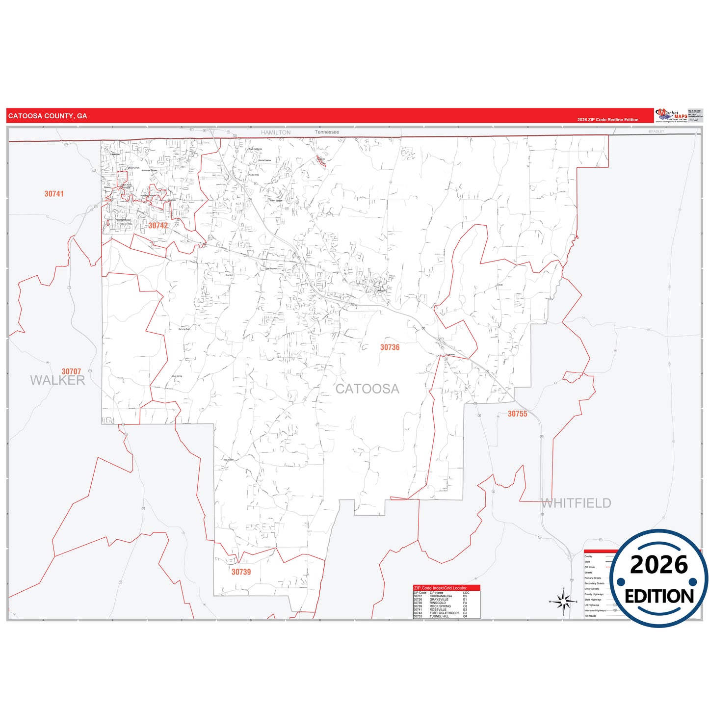 Catoosa County, GA Red Line 5 Digit ZIP Code Wall Map