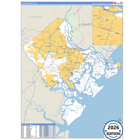 Chatham County, GA Business Reference 5 Digit ZIP Code Wall Map
