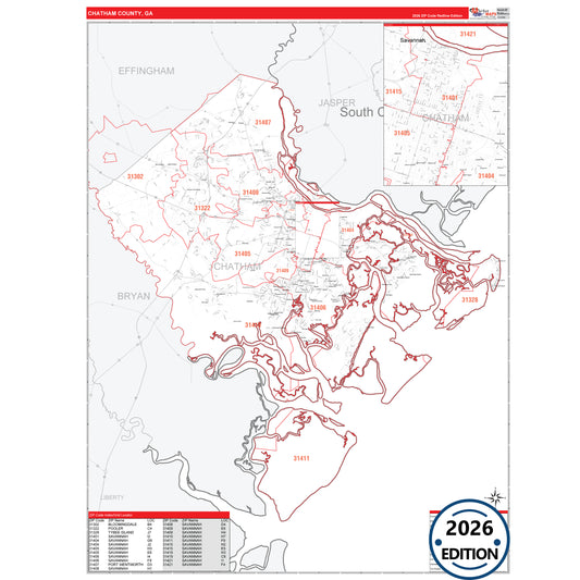 Chatham County, GA Red Line 5 Digit ZIP Code Wall Map