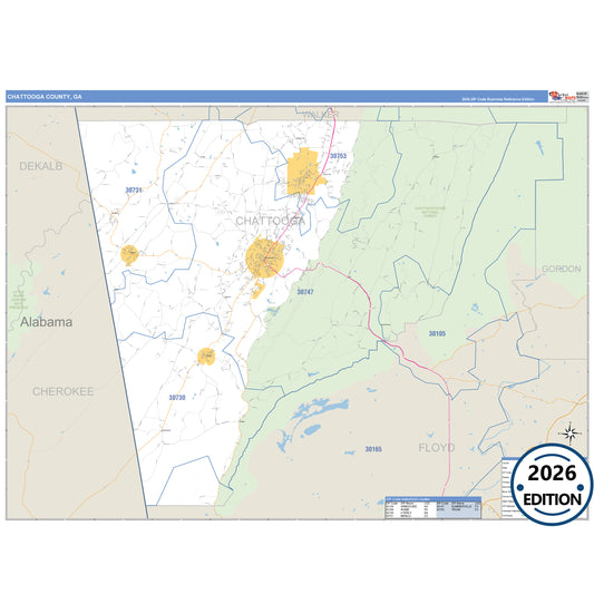 Chattooga County, GA Business Reference 5 Digit ZIP Code Wall Map
