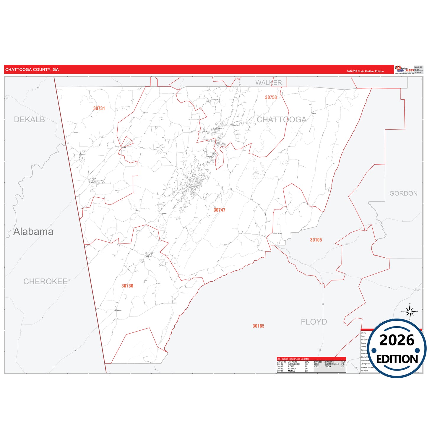Chattooga County, GA Red Line 5 Digit ZIP Code Wall Map
