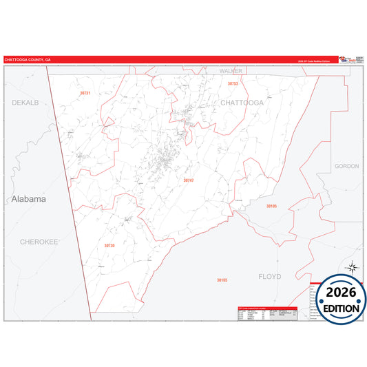 Chattooga County, GA Red Line 5 Digit ZIP Code Wall Map