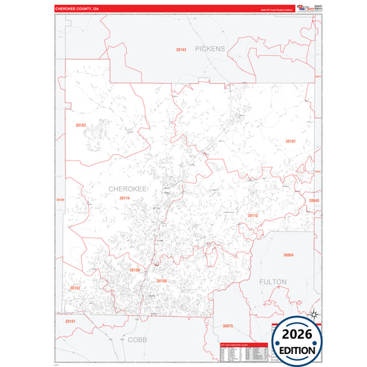 Cherokee County, GA Red Line 5 Digit ZIP Code Wall Map