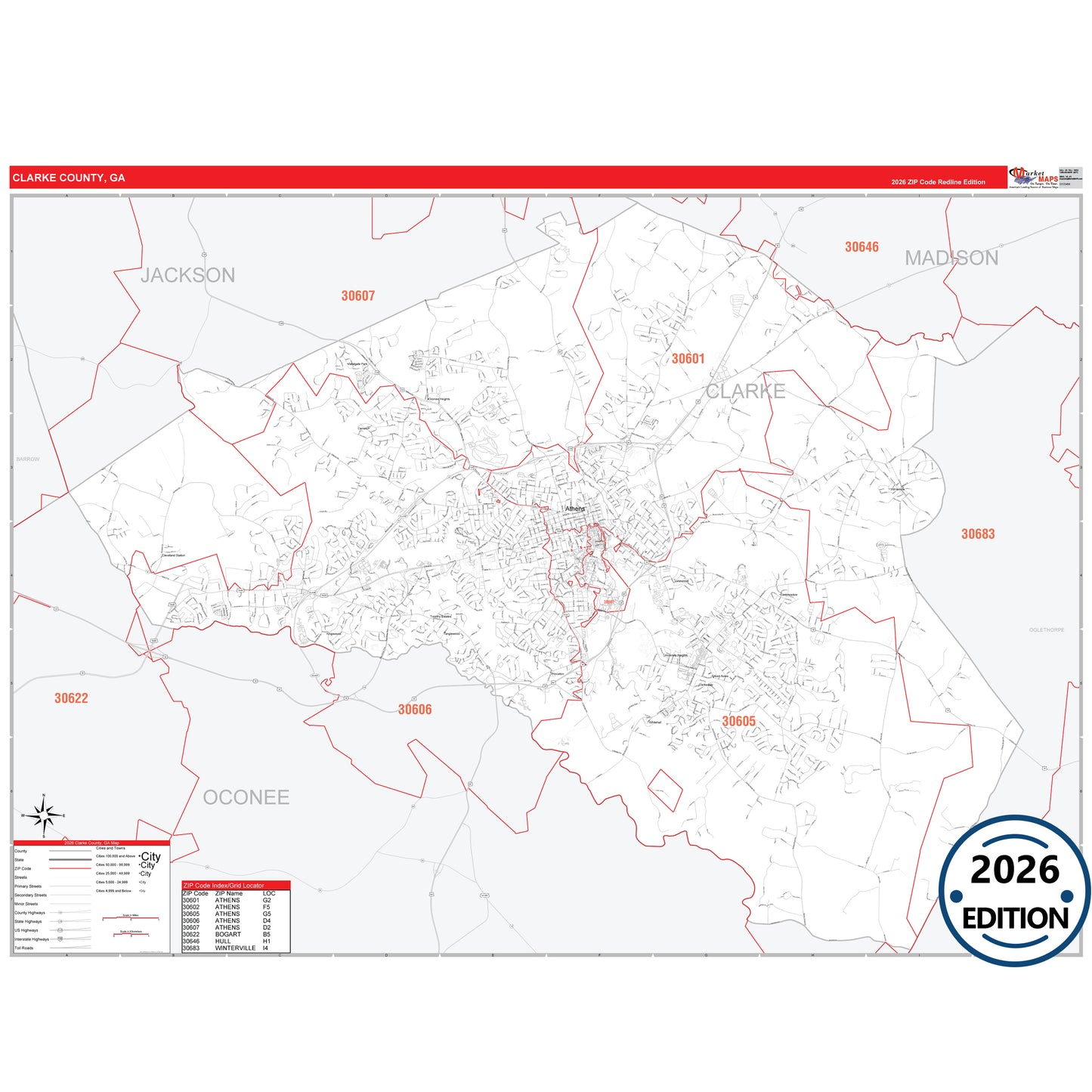 Clarke County, GA Red Line 5 Digit ZIP Code Wall Map