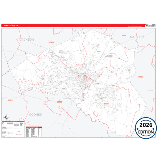 Clarke County, GA Red Line 5 Digit ZIP Code Wall Map