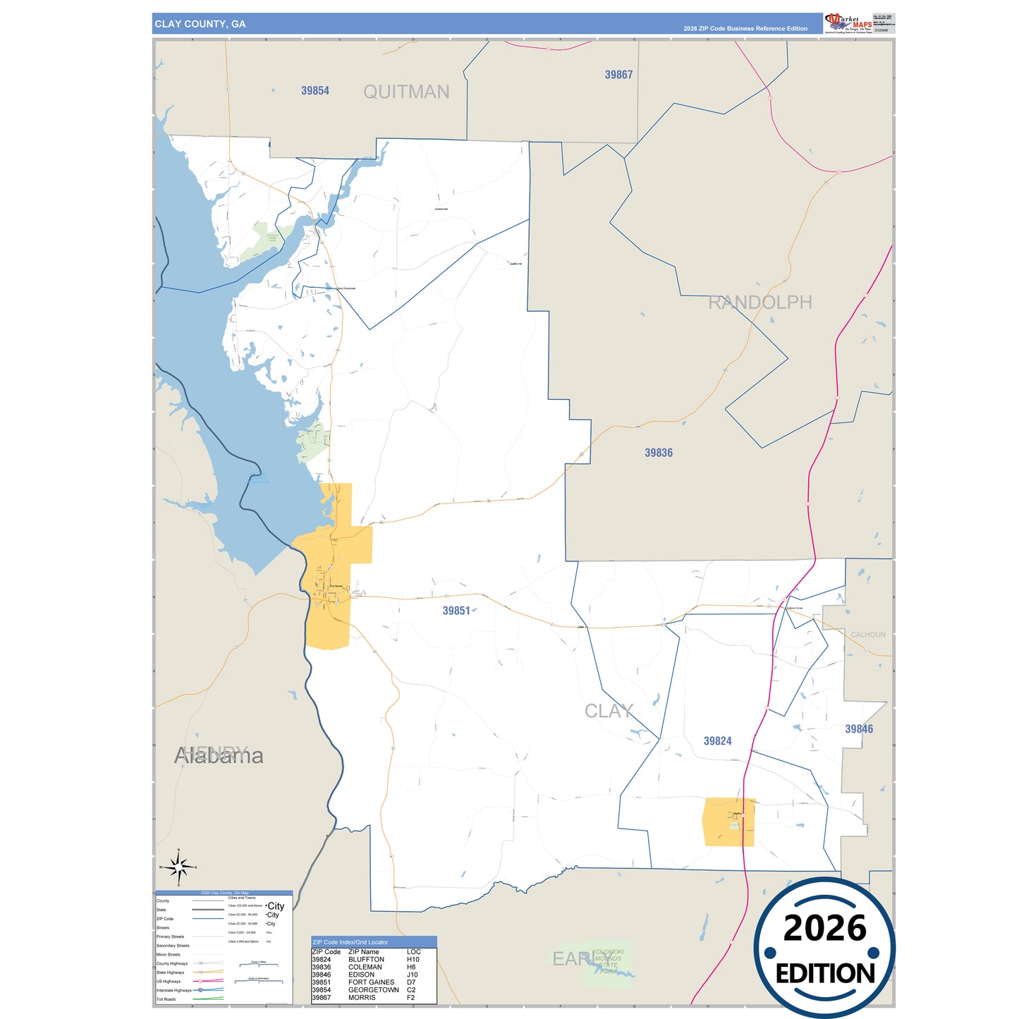 Clay County, GA Business Reference 5 Digit ZIP Code Wall Map