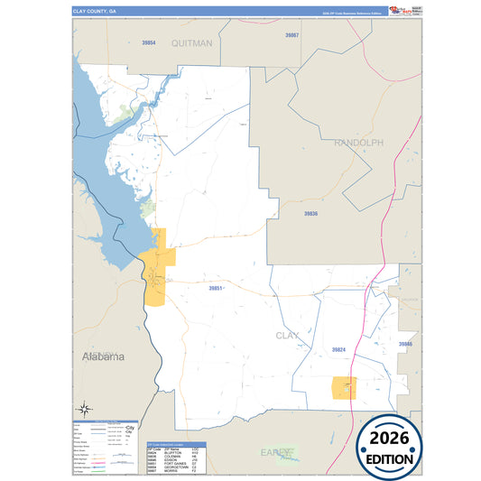 Clay County, GA Business Reference 5 Digit ZIP Code Wall Map