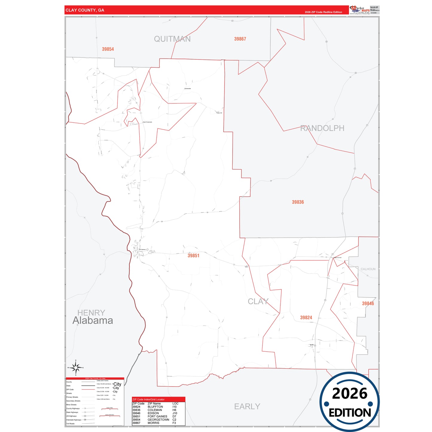 Clay County, GA Red Line 5 Digit ZIP Code Wall Map