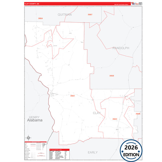 Clay County, GA Red Line 5 Digit ZIP Code Wall Map