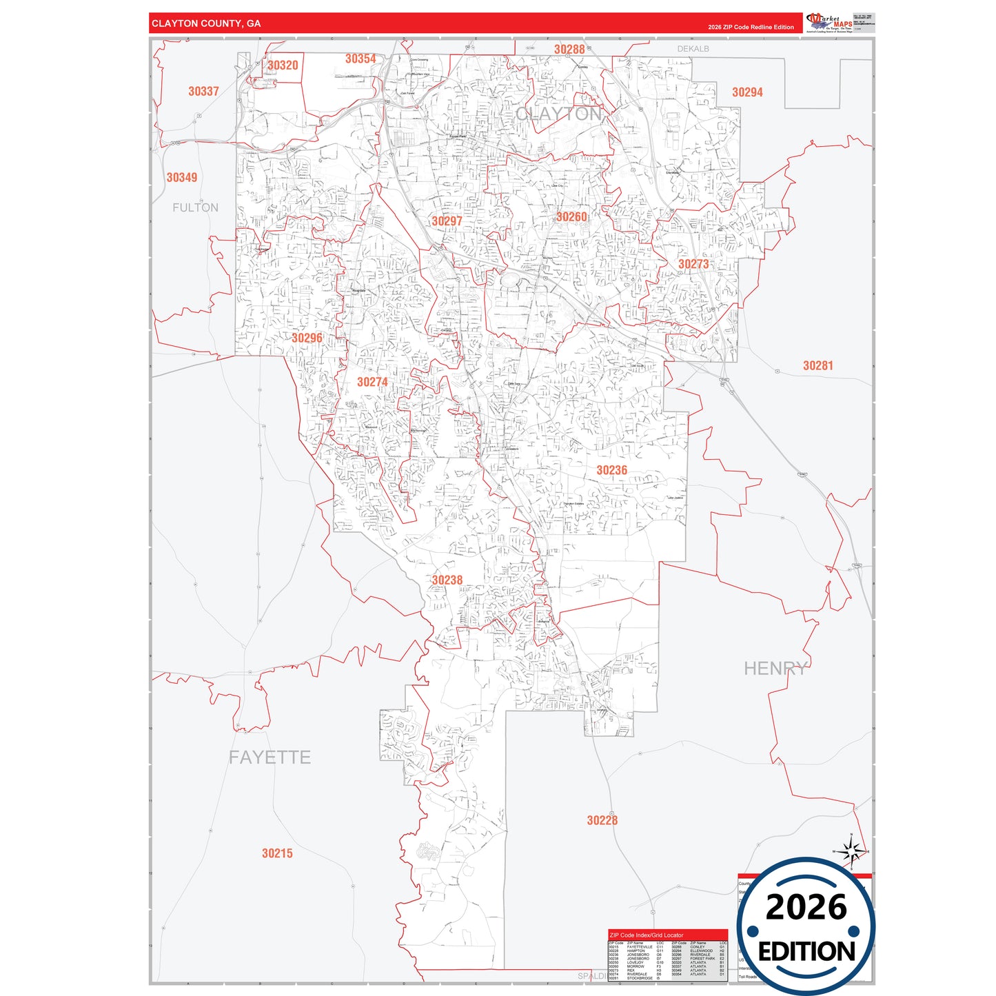 Clayton County, GA Red Line 5 Digit ZIP Code Wall Map