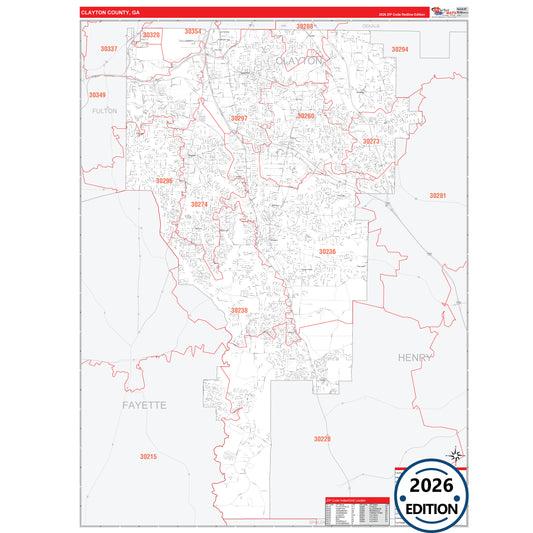 Clayton County, GA Red Line 5 Digit ZIP Code Wall Map