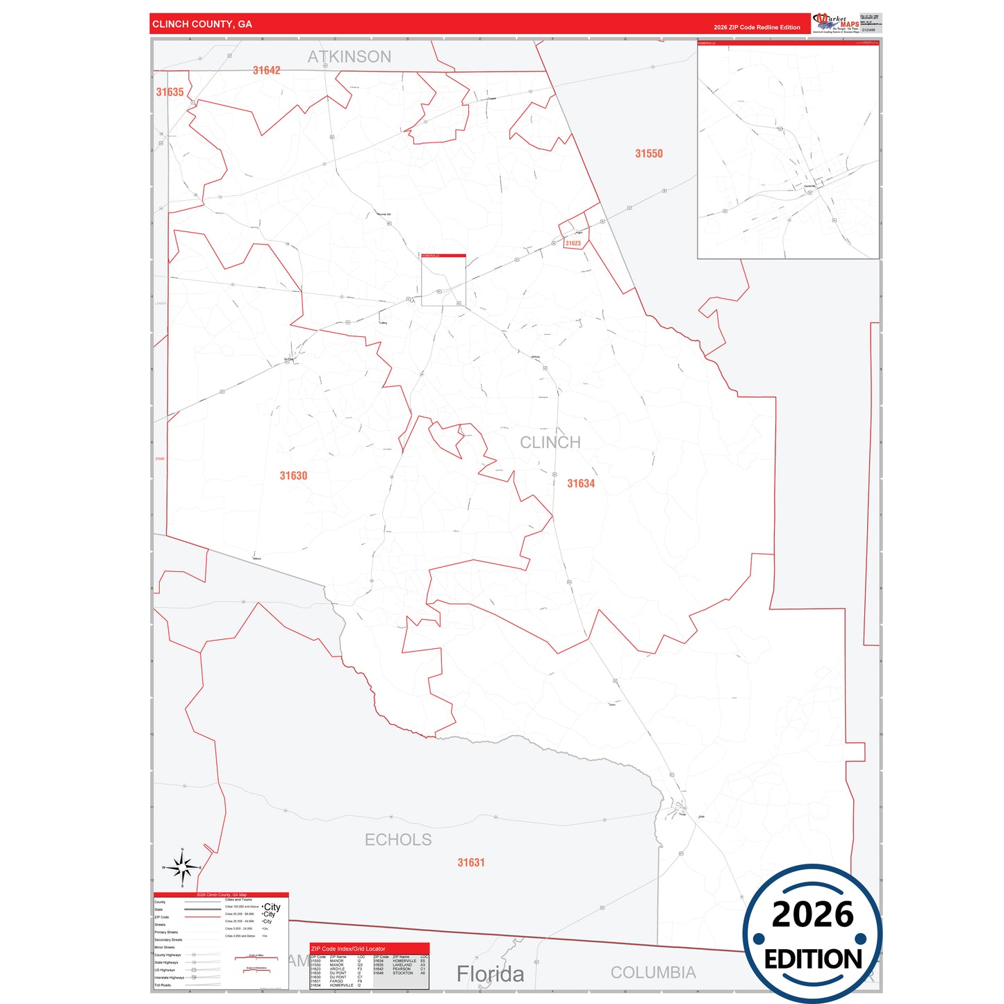 Clinch County, GA Red Line 5 Digit ZIP Code Wall Map
