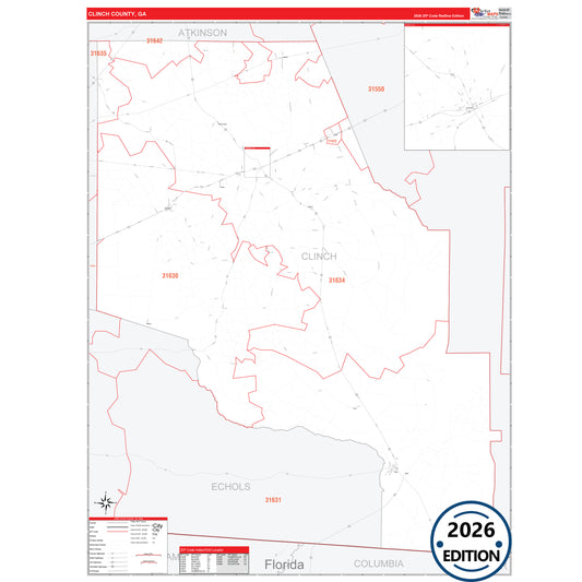 Clinch County, GA Red Line 5 Digit ZIP Code Wall Map