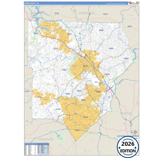 Cobb County, GA Business Reference 5 Digit ZIP Code Wall Map