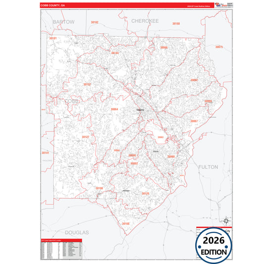 Cobb County, GA Red Line 5 Digit ZIP Code Wall Map
