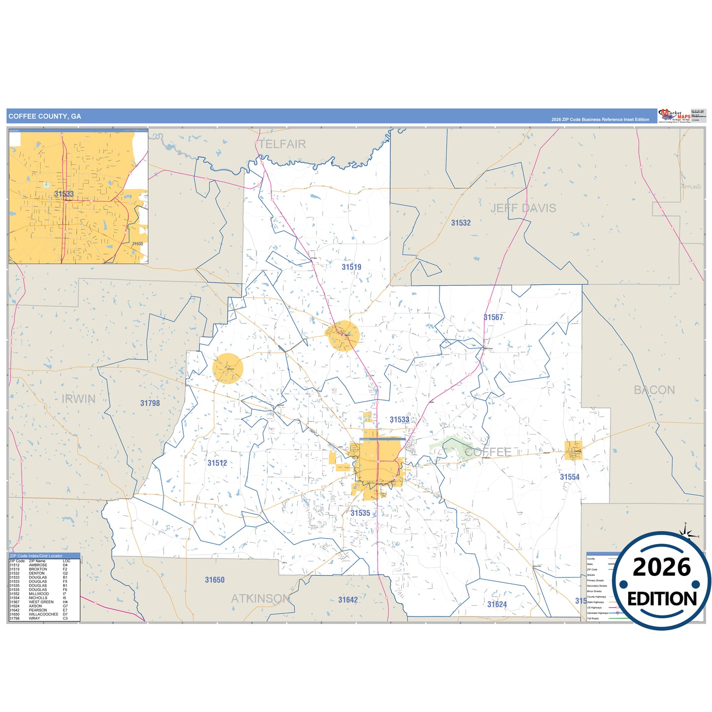 Coffee County, GA Business Reference 5 Digit ZIP Code Wall Map