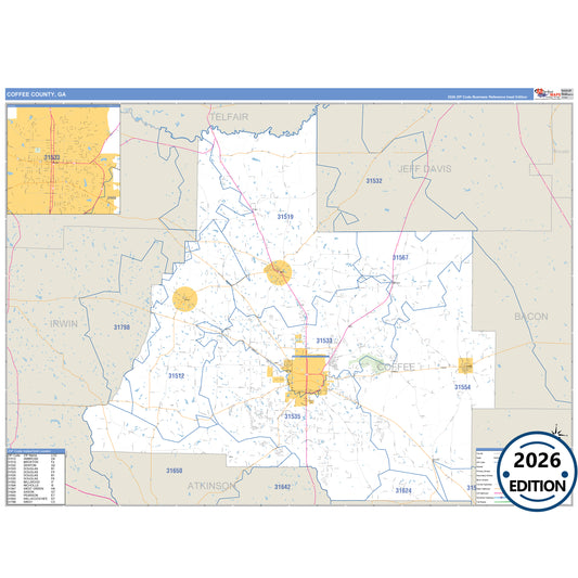 Coffee County, GA Business Reference 5 Digit ZIP Code Wall Map