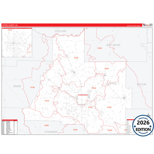 Coffee County, GA Red Line 5 Digit ZIP Code Wall Map