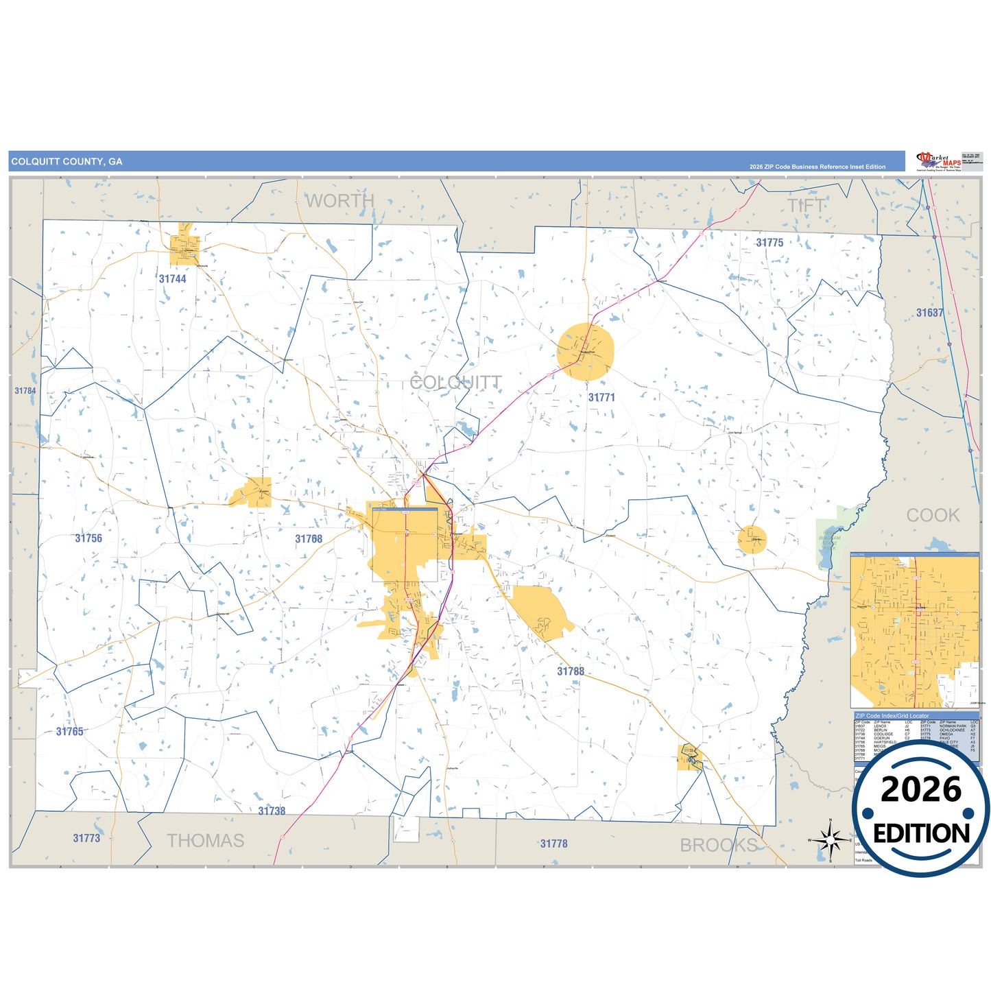 Colquitt County, GA Business Reference 5 Digit ZIP Code Wall Map