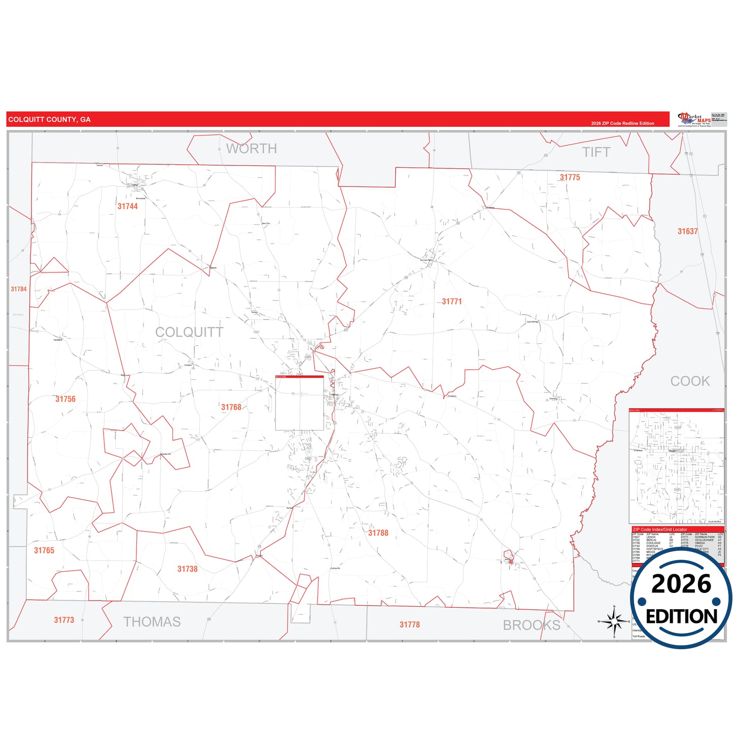 Colquitt County, GA Red Line 5 Digit ZIP Code Wall Map