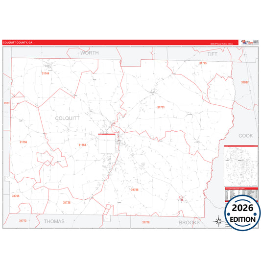 Colquitt County, GA Red Line 5 Digit ZIP Code Wall Map