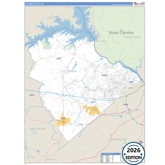 Columbia County, GA Business Reference 5 Digit ZIP Code Wall Map