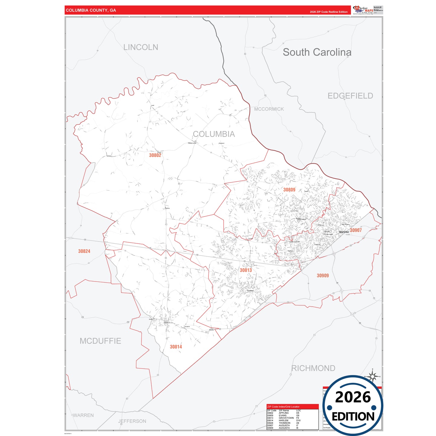 Columbia County, GA Red Line 5 Digit ZIP Code Wall Map