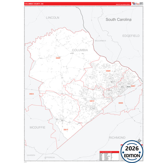 Columbia County, GA Red Line 5 Digit ZIP Code Wall Map