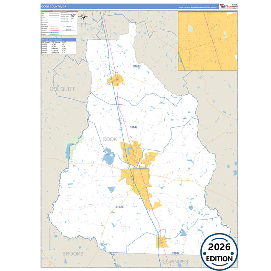 Cook County, GA Business Reference 5 Digit ZIP Code Wall Map