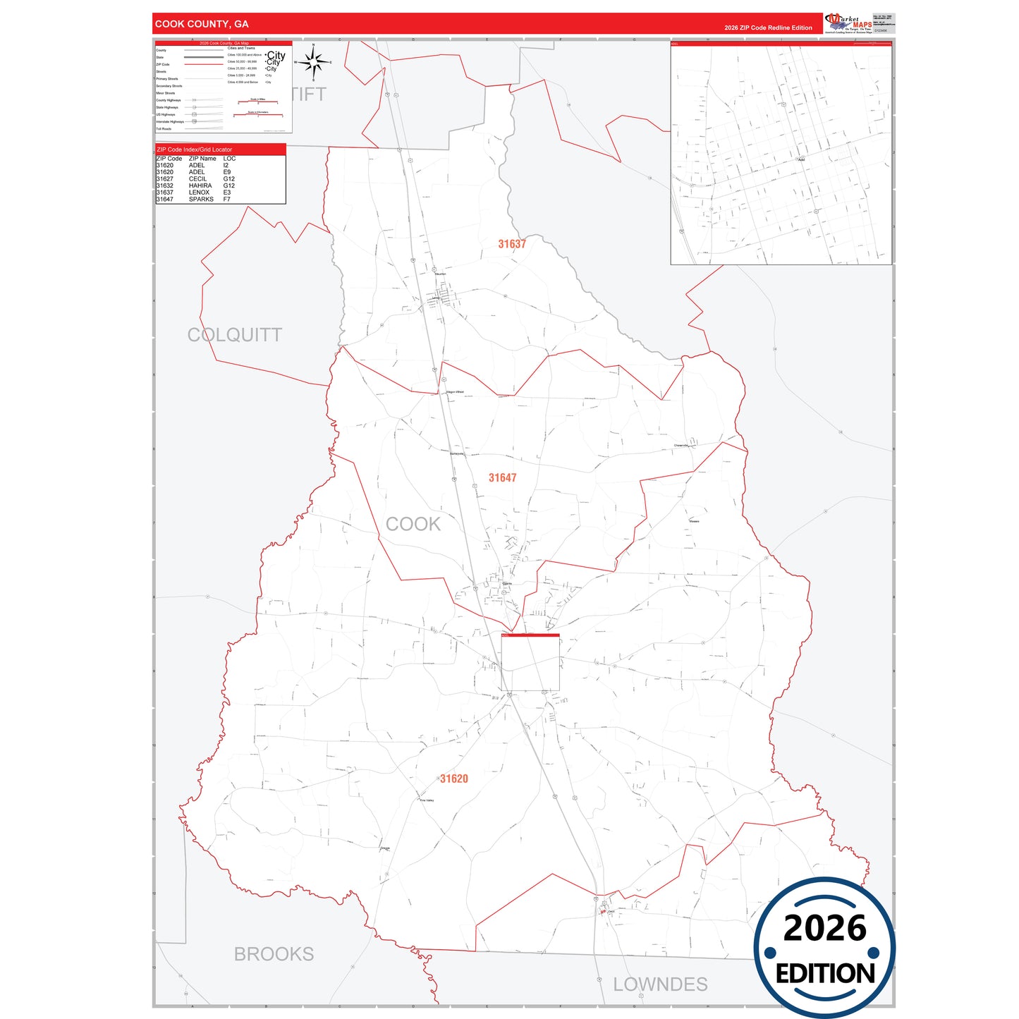 Cook County, GA Red Line 5 Digit ZIP Code Wall Map