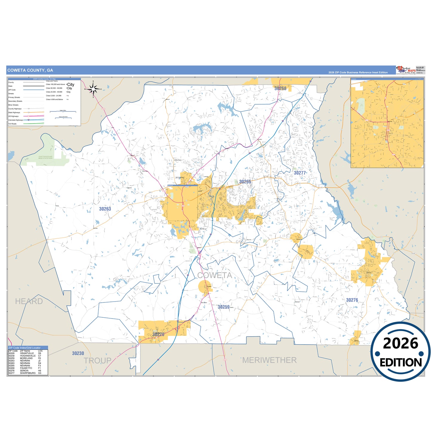 Coweta County, GA Business Reference 5 Digit ZIP Code Wall Map
