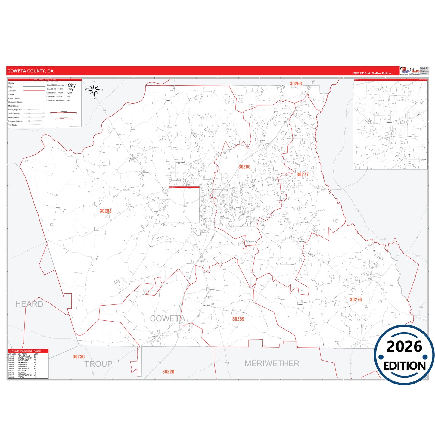 Coweta County, GA Red Line 5 Digit ZIP Code Wall Map