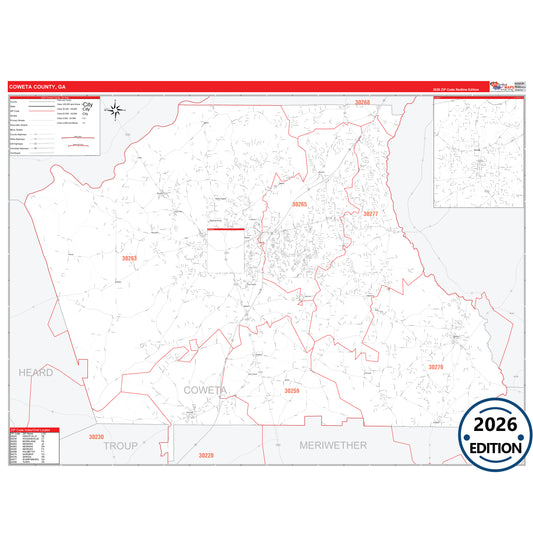 Coweta County, GA Red Line 5 Digit ZIP Code Wall Map