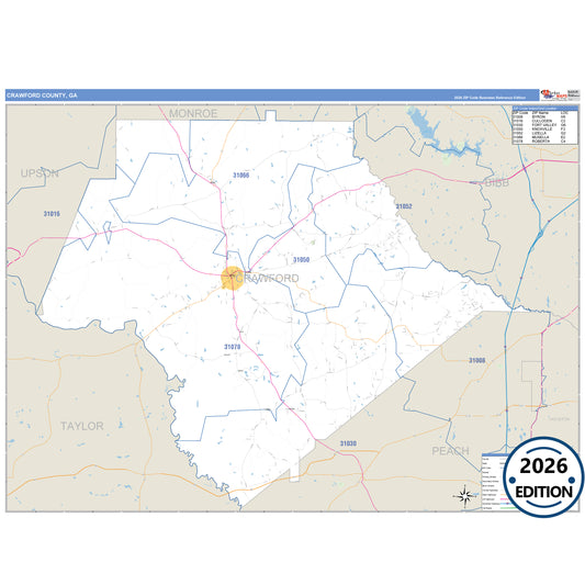 Crawford County, GA Business Reference 5 Digit ZIP Code Wall Map