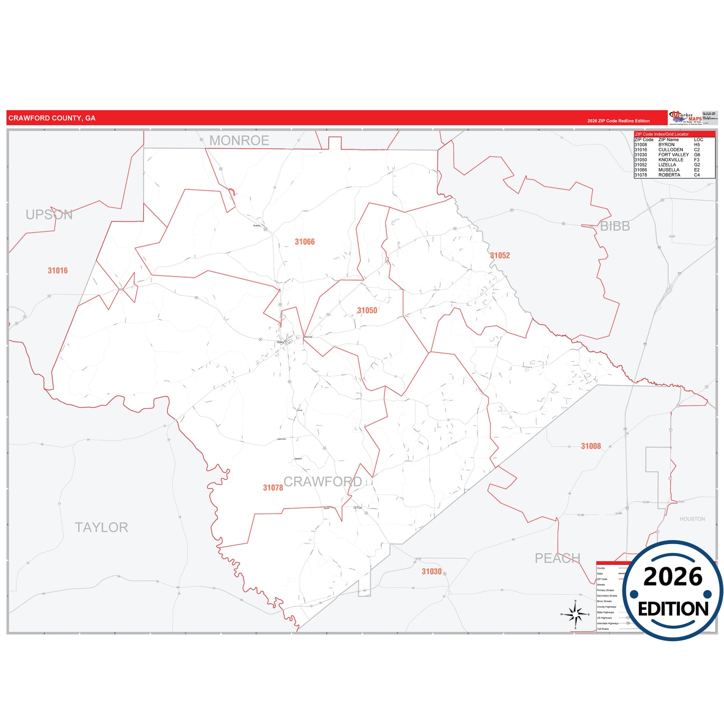 Crawford County, GA Red Line 5 Digit ZIP Code Wall Map