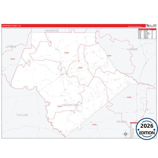 Crawford County, GA Red Line 5 Digit ZIP Code Wall Map