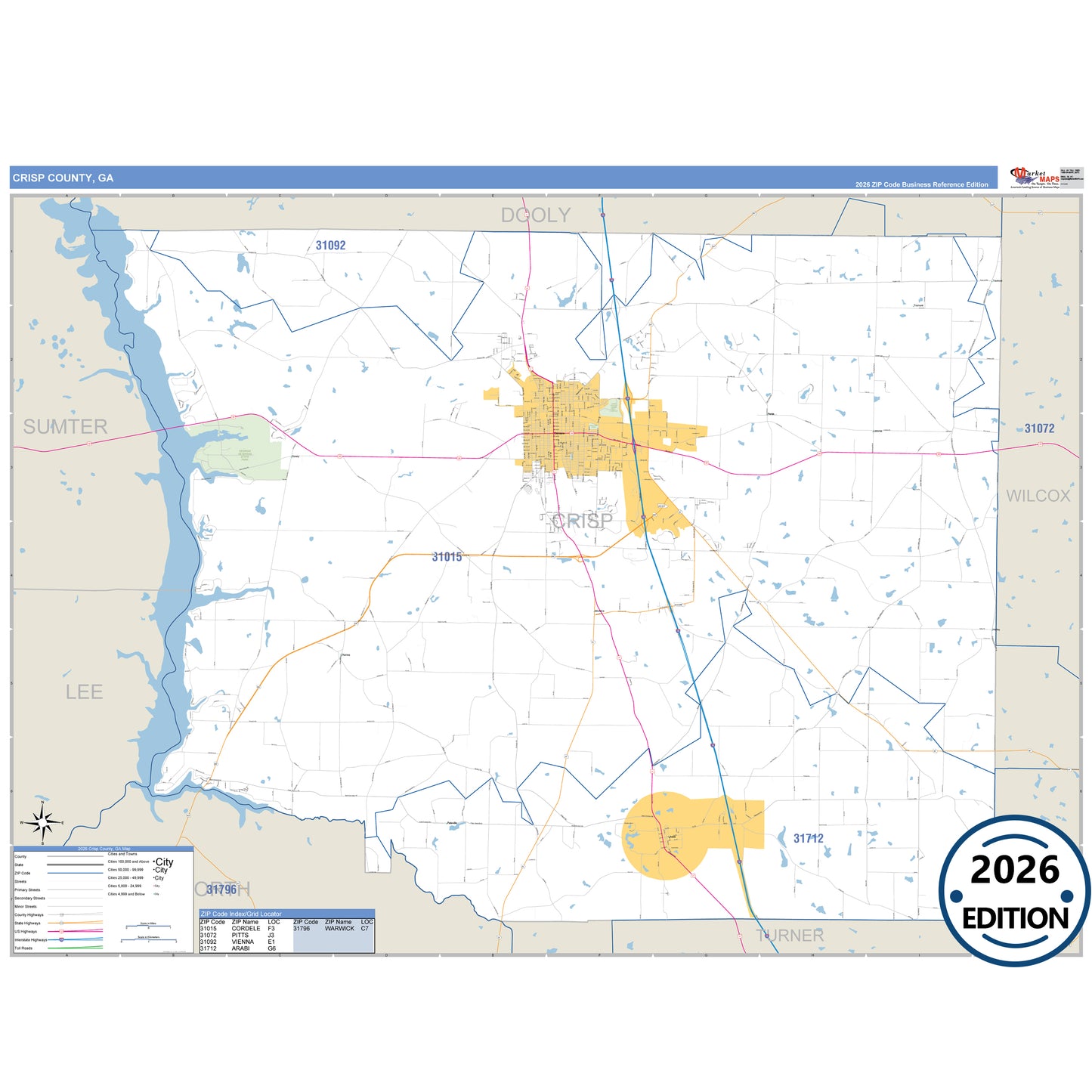 Crisp County, GA Business Reference 5 Digit ZIP Code Wall Map