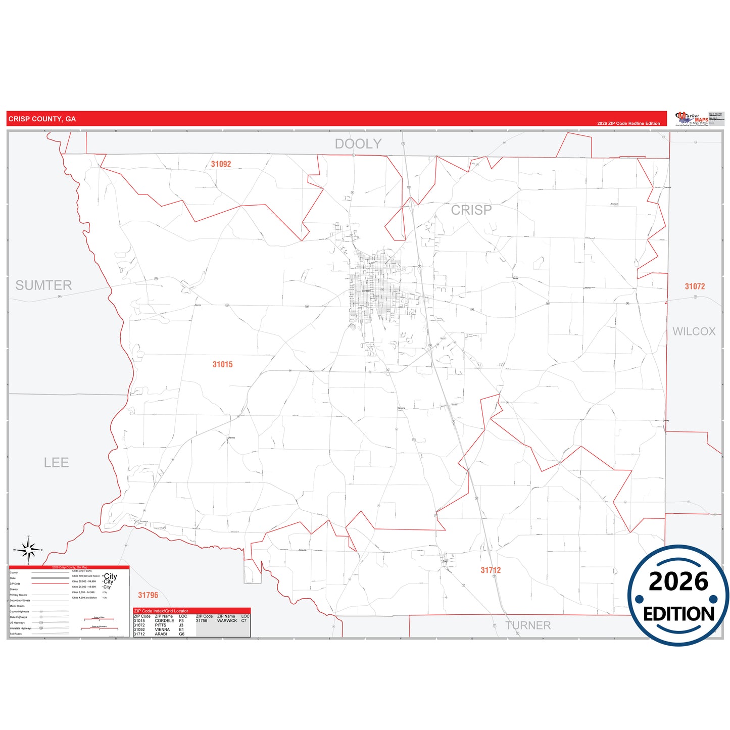 Crisp County, GA Red Line 5 Digit ZIP Code Wall Map