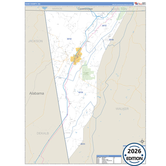 Dade County, GA Business Reference 5 Digit ZIP Code Wall Map