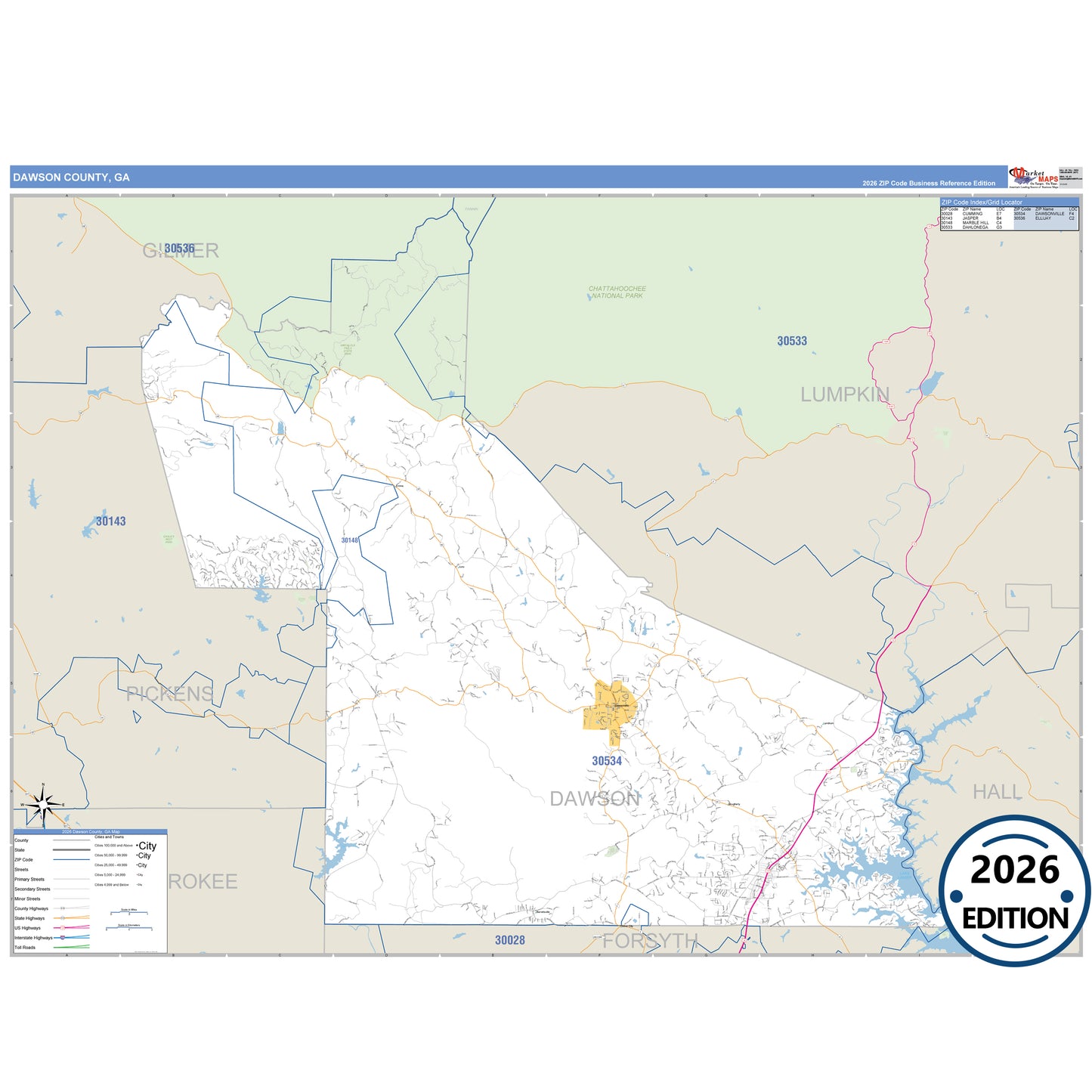 Dawson County, GA Business Reference 5 Digit ZIP Code Wall Map