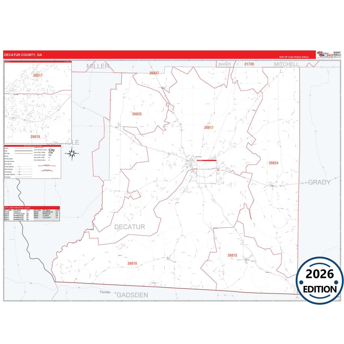 Decatur County, GA Red Line 5 Digit ZIP Code Wall Map