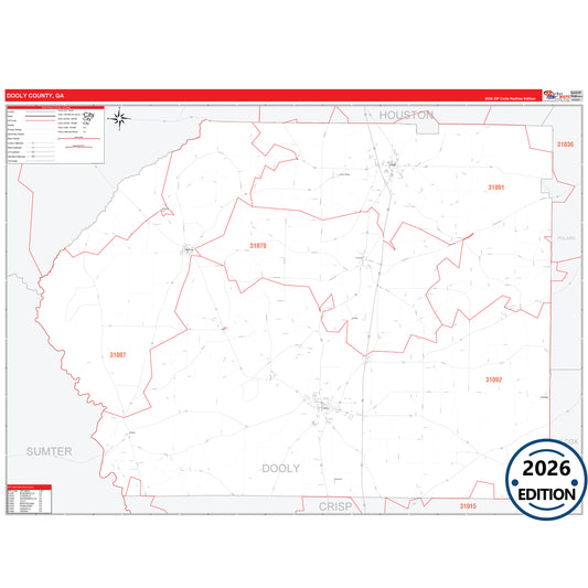 Dooly County, GA Red Line 5 Digit ZIP Code Wall Map