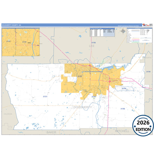 Dougherty County, GA Business Reference 5 Digit ZIP Code Wall Map