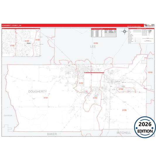 Dougherty County, GA Red Line 5 Digit ZIP Code Wall Map